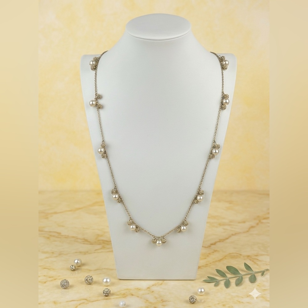 Ann Taylor Faux Pearl & Pavé Crystal Gold Tone Long Necklace